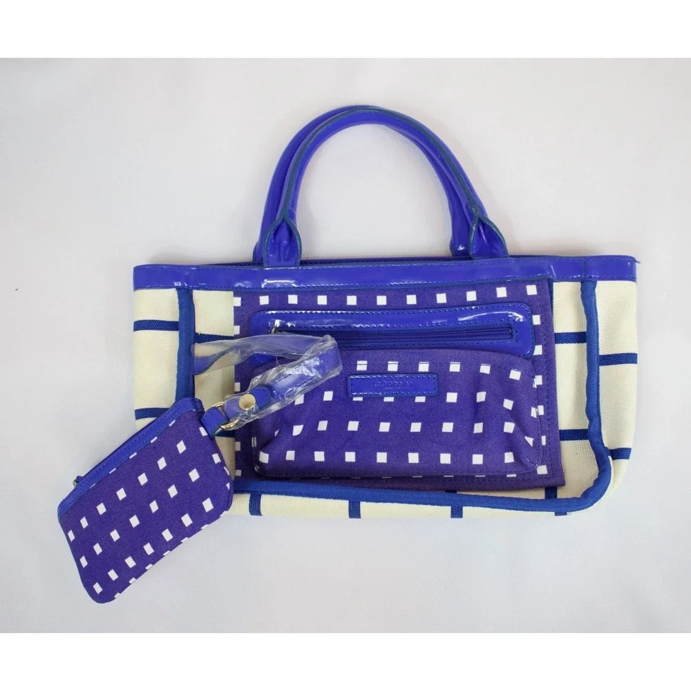 Vintage Liz Claiborne Patent Handbag and Wristlet Blue &‎ Beige Squares